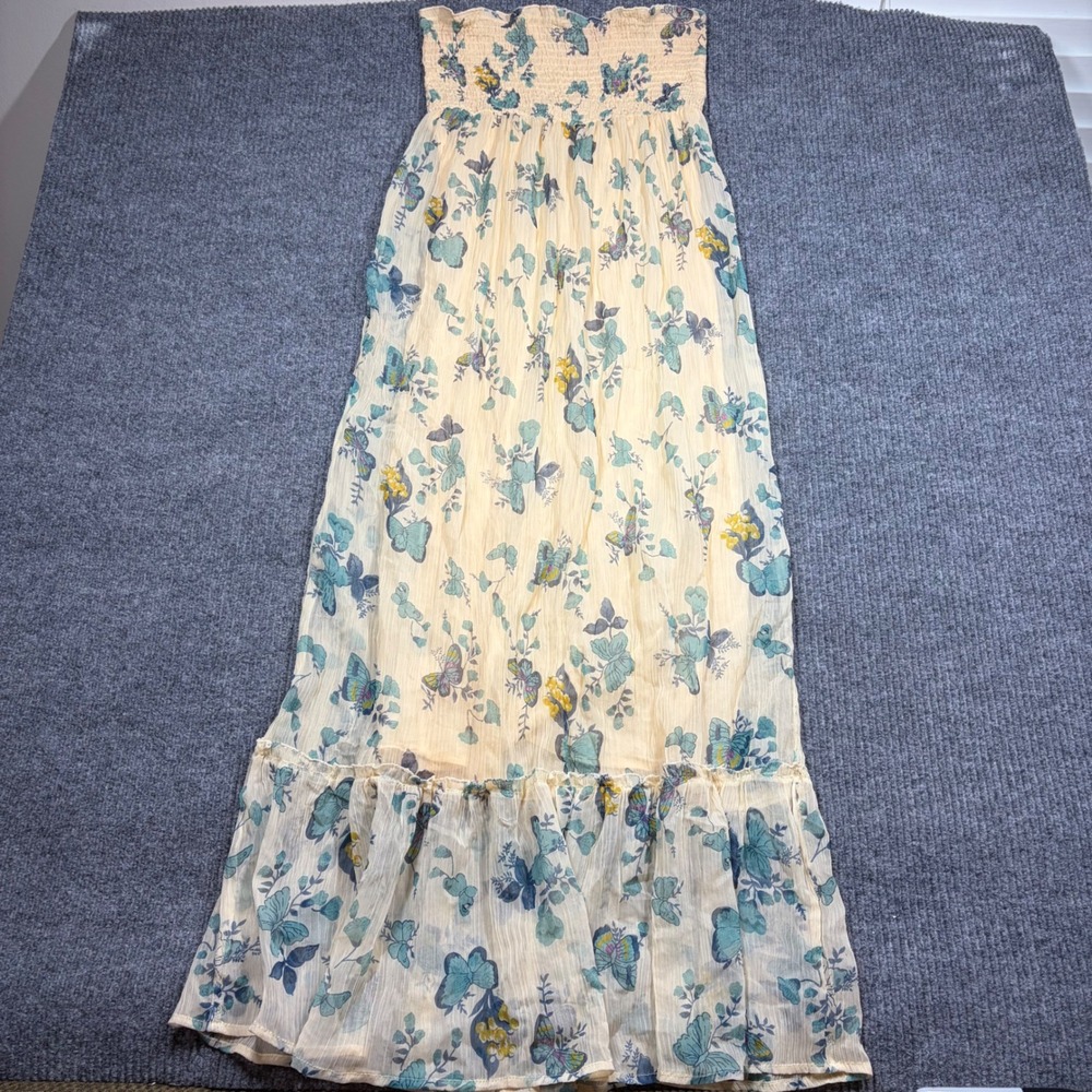 Rue21 Dress Womens L Yellow Butterfly Print Smocked Strapless Maxi Dress Boho